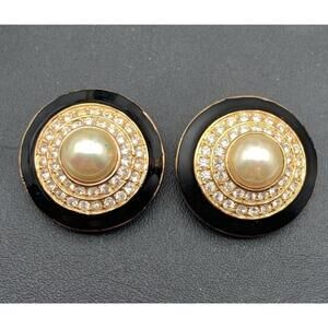 Vintage Roman Gold Tone & Blk Enamel Rhinestone‎ & Faux Pearl Clip On Earrings